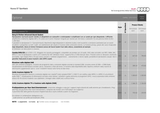 Nuova S7 Sportback
Radio e sistemi TV
8RF ○ 5.913,93 7.215,00
6G2 ○ 647,54 790,00
QV3 ○ 389,34 475,00
QV1 ○ 1.069,67 1.305,00
QU1 ○ 1.446,72 1.765,00
9WQ ○ 192,62 235,00
IVA esclusa
euro
IVA inclusa
euro
24/01/2015
S7Sportback
Pagina:
10/25
Cambia DVD/CD per 6 DVD o CD, alloggiato nel cassetto portaoggetti, compatibile ad esempio con CD audio, DVD video ed inoltre con MP3, WMA, AAC,
MPEG-4, liste di riproduzione e anche con il sistema file UDF (Windows Vista); supporta fino a 4.000 titoli per disco; Protetto contro le vibrazioni, facilmente
accessibile; ogni singolo DVD o CD può essere caricato e cambiato singolarmente; , avanzamento e ritorno rapido, possibilità di riproduzione casuale. Non è
garantita l’esecuzione di pezzi musicali o dati (DRM) copiati.
Unità ricezione digitale TV
Ricezione di programmi televisivi a emissione digitale non criptata⁵ (nello standard DVB-T e DVB-T2 con codifica video MPEG 2 o MPEG 4) ed emittenti
audio DVB-T; visualizzazione di informazioni correlate come teletext, sottotitoli e guida elettronica ai programmi (EPG); ricerca automatica delle emittenti;
attacco AV-IN esterno mediante cavo adattatore; immagini video visibili solo a vettura ferma
NOTE ○ a pagamento ● di serie ▲ fornibile senza sovrapprezzo - non fornibile
Validità:
Ricezione radio digitale DAB
Oltre alle emittenti analogiche, ricezione dei programmi radio a emissione digitale secondo lo standard DAB; ricezione anche di DAB+ e DMB Audio.
Visualizzazione di informazioni correlate (ad es. interprete e titolo del brano, in funzione della disponibilità delle rispettive emittenti radio) nonché di
informazioni supplementari (ad es. cover e bollettini meteo) sotto forma di slide show
Prezzo Cliente
Sigla
Unità ricezione digitale TV e ricezione radio digitale (DAB)
Bang & Olufsen Advanced Sound System
Riproduzione «surround sound» tramite 15 altoparlanti con subwoofer e centerspeaker e amplificatori con un canale per ogni altoparlante. L’efficiente
amplificatore totalmente digitale DSP a 15 canali con 5 uscite ICEpower integrate per tweeter per toni bassi e subwoofer ha una potenza totale di oltre
1.200 Watt.
È possibile la riproduzione 5.1 Surround Sound. Mascherine degli altoparlanti in alluminio lucido e lenti acustiche a estrazione automatica per un sound
eccellente e prospettico su tutti i sedili; con adattamento del volume in funzione della rumorosità esterna. La funzione privacy, grazie alle casse incapsulate
degli altoparlanti, riduce al minimo l’emissione sonora del Sound System fuori dalla vettura, consentendo ad esempio
di telefonare con discrezione in vivavoce
Predisposizione per Rear Seat Entertainment: comprende cablaggio e sede per i supporti negli schienali dei sedili anteriori per l'installazione ( Plug-
and-Play) del pacchetto Rear Seat Entertainment ( composto dal monitor con il DVD player ed il supporto).
Il pacchetto RSE della gamma Accessori Originali Audi deve essere ordinato a parte via magazzino.
Da ordinare in combinazione obbligatoria con:
- sedili anteriori con profilo personalizzato (PS8)
Optional
 