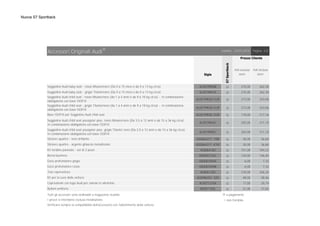 Nuova S7 Sportback
Sigla
4L0019900B ○ 215,00 262,30
4L0019901A ○ 215,00 262,30
4L0019902A EUR ○ 273,00 333,06
4L0019903A EUR ○ 273,00 333,06
4L0019900C EUR ○ 178,00 217,16
4L0019904C ○ 255,00 311,10
4L0019905C ○ 255,00 311,10
4G0064317 Y9B ○ 30,00 36,60
4G0064317 X7W ○ 30,00 36,60
4G8064160 ○ 151,00 184,22
000087316C ○ 120,00 146,40
000087009A ○ 6,00 7,32
000087009B ○ 6,00 7,32
4G8061205 ○ 210,00 256,20
4L0096353 020 ○ 48,00 58,56
4L0071215A ○ 17,00 20,74
8P0071455 ○ 31,00 37,82
Tutti gli accessori sono ordinabili a magazzino ricambi. ○ a pagamento
I prezzi si intendono esclusa installazione. - non fornibile
Verificare sempre la compatibilità dell'accessorio con l'allestimento della vettura.
Geco profumatore rosso
Telo coprivettura
Kit per la cura della vettura
Coprivalvole con logo Audi per valvole in alluminio
Bulloni antifurto
Accessori Originali Audi®
Kit tendine parasole - set di 3 pezzi
Borsa business
Geco profumatore grigio
Seggiolino Audi baby seat - rosso Misano/nero (Da 0 a 15 mesi o da 0 a 13 kg circa)
Seggiolino Audi baby seat - grigio Titanio/nero (Da 0 a 15 mesi o da 0 a 13 kg circa)
Seggiolino Audi child seat - rosso Misano/nero (da 1 a 4 anni o da 9 a 18 kg circa) - in combinazione
obbligatoria con base ISOFIX
Seggiolino Audi child seat - grigio Titanio/nero (da 1 a 4 anni o da 9 a 18 kg circa) - in combinazione
obbligatoria con base ISOFIX
Base ISOFIX per Seggiolino Audi child seat
Seggiolino Audi child seat youngster plus- rosso Misano/nero (Da 3,5 a 12 anni o da 15 a 36 kg circa)
In combinazione obbligatoria con base ISOFIX
Seggiolino Audi child seat youngster plus- grigio Titanio/ nero (Da 3,5 a 12 anni o da 15 a 36 kg circa)
In combinazione obbligatoria con base ISOFIX
Stickers quattro - nero brillante
Stickers quattro - argento ghiaccio metallizzato
24/01/2015 Pagina: 2/2
S7Sportback
Prezzo Cliente
IVA esclusa
euro
IVA inclusa
euro
Validità:
 