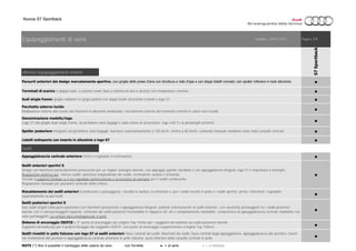 Nuova S7 Sportback
Ulteriori equipaggiamenti esterni
●
●
●
●
●
●
●
Sedili
●
●
●
●
●
●
Sistema di ancoraggio ISOFIX e 3° punto di ancoraggio con cinghia Top Tether per i seggiolini dei bambini sui sedili posteriori laterali
Supporto normalizzato per il pratico fissaggio dei seggiolini ISOFIX; con punto di ancoraggio supplementare (cinghia Top Tether).
Sedili rivestiti in pelle Valcona con logo S7 ai sedili anteriori: fasce centrali dei sedili, fianchetti dei sedili, fasce centrali degli appoggiatesta, appoggiabraccia alle portiere, inserti
nei rivestimenti alle portiere e appoggiabraccia centrale anteriore in pelle Valcona; parte inferiore della consolle centrale in pelle
Sedili anteriori sportivi S
Design con fianchetti particolarmente pronunciati per un miglior sostegno laterale, con appoggio gambe estraibile e con appoggiatesta integrati, logo S7 e impuntura a losanghe.
Regolazione elettrica per: altezza sedile, posizione longitudinale del sedile, inclinazione seduta e schienale.
Include il supporto lombare a 4 vie regolabile elettricamente e la funzione di memoria per il sedile conducente.
Regolazione manuale per posizione verticale della cintura.
NOTE (*) Non è possibile il montaggio delle catene da neve - non fornibile ● = di serie ○ = a richiesta
S7Sportback
Listelli sottoporta con inserto in alluminio e logo S7
Equipaggiamenti di serie Validità: 24/01/2015
Paraurti anteriori dal design marcatamente sportivo, con griglie delle prese d’aria con struttura a nido d’ape e con doppi listelli cromati; con spoiler inferiore in look alluminio
Sedili posteriori sportivi S
Due sedili singoli nella parte posteriore con fianchetti pronunciati e appoggiatesta integrati, adattati esteticamente ai sedili anteriori; con vaschetta portaoggetti tra i sedili posteriori
laterali, con 2 vani portaoggetti separati; schienale dei sedili posteriori frazionabile in rapporto 40: 60 o completamente ribaltabile; comprensivo di appoggiabraccia centrale ribaltabile con
vano portaoggetti. La vettura sarà omologata per 4 posti
Riscaldamento dei sedili anteriori (conducente e passeggero): riscalda la seduta, lo schienale e, per i sedili rivestiti in pelle o i sedili sportivi, anche i fianchetti; regolabile
separatamente su più livelli
Pagina 3/9
Terminali di scarico a doppio tubo, a sezione ovale (due a sinistra ed due a destra) con modanature cromate
Audi single frame: griglia radiatore in grigio platino con doppi listelli orizzontali cromati e logo S7
Pacchetto esterno lucido
Modanature esterne alle cornici dei finestrini in alluminio anodizzato, rivestimento esterno dei montanti centrali in colore nero lucido
Denominazione modello/logo
Logo S7 alla griglia Audi single frame, al portellone vano bagagli e sulla chiave di accensione; logo «V8 T» ai parafanghi anteriori
Spoiler posteriore integrato nel portellone vano bagagli; fuoriesce automaticamente a 130 km/h, rientra a 80 km/h; comando manuale mediante tasto nella consolle centrale
Appoggiabraccia centrale anteriore intero e regolabile in inclinazione
 