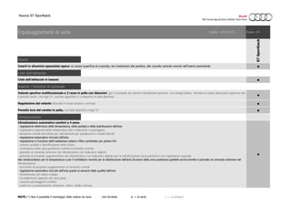 Nuova S7 Sportback
Inserti
●
Cielo dell'abitacolo
●
Volante / Elementi di comando
●
●
●
Climatizzazione
●
S7Sportback
Volante sportivo multifunzionale a 3 razze in pelle con bilancieri per il comando dei sistemi Infotainment presenti; con airbag fullsize; intonato al colore della parte superiore del
cruscotto scelto, con logo S7, cuciture specifiche S e bilancieri in look alluminio
Climatizzatore automatico comfort a 4 zone:
- regolazione elettronica della temperatura, della portata e della distribuzione dell’aria
- regolazione separata della temperatura lato conducente e passeggero
- aerazione tramite bocchette per sbrinamento per parabrezza e cristalli laterali
- regolazione automatica ricircolo dell’aria
- regolazione in funzione dell’irradiazione solare e filtro combinato per polveri fini
- sensore umidità e identificazione nella chiave
- ventilazione della zona posteriore tramite la consolle centrale
- pannello di comando anteriore del climatizzatore con indicatore digitale
- pannello di comando supplementare del climatizzatore con indicatore digitale per la climatizzazione zona posteriore con regolazione separata
lato sinistro/destro per la temperatura e per il ventilatore nonché per la distribuzione dell’aria (funzioni della zona posteriore gestibili anche tramite il pannello di comando anteriore del
climatizzatore)
- bocchette di aerazione supplementari ai montanti centrali
- regolazione automatica ricircolo dell’aria grazie al sensore della qualità dell’aria
- sfruttamento del calore residuo
- riscaldamento separato del vano piedi
- cassetto portaoggetti ventilato
- scelta fra 3 caratteristiche climatiche: dolce, media, intensa
Regolazione del volante manuale in senso assiale e verticale
Inserti in alluminio spazzolato opaco: su ampia superficie al cruscotto, nei rivestimenti alle portiere, alla consolle centrale nonché nell’inserto perimetrale
Cielo dell’abitacolo in tessuto
NOTE (*) Non è possibile il montaggio delle catene da neve - non fornibile ● = di serie ○ = a richiesta
Pomello leva del cambio in pelle, con look alluminio e logo S7
Equipaggiamenti di serie Validità: Pagina 4/924/01/2015
 