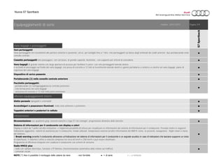 Nuova S7 Sportback
Vano bagagli e portaoggetti
●
●
●
●
●
●
Ulteriori equipaggiamenti interni
●
●
●
Infotainment
●
●
●
Sistema di informazioni per il conducente con display a colori
Display a colori da 7 pollici ad alta risoluzione e migliorata possibilità di lettura per visualizzare le informazioni del sistema di informazioni per il conducente. Prevede inoltre le seguenti
indicazione aggiuntive: sistemi di assistenza per il conducente, media utilizzati, temperatura esterna ed altre informazioni del MMI® come, se presenti, navigazione , Night vision o menu
del telefono.
Il Break warning avverte il conducente attraverso un’indicazione nel sistema di informazioni per il conducente e un segnale acustico in caso di indicazioni che lasciano supporre un inizio
di stanchezza. Il sistema è attivo a velocità comprese tra circa 65 km/h e 200 km/h e può essere disattivato.
Programma di efficienza integrato che coadiuva il conducente con schemi di consumo
Alette parasole ripiegabili e orientabili
Cassetto portaoggetti lato passeggero, con serratura, di grande capacità, illuminato , con supporto per articoli di cancelleria
Vano bagagli di grande volume con larga apertura di accesso per facilitare il carico; con rete portaoggetti laterale destra.
4 occhielli di ancoraggio sul fondo del vano bagagli, con presa di corrente a 12 Volt al rivestimento laterale destro e gancio portaborse a sinistra e a destra nel vano bagagli; piano di
copertura del vano bagagli
Dispositivo di carico passante
Accendisigari e posacenere illuminati, nella zona anteriore e posteriore
Validità: 24/01/2015 Pagina 5/9
S7Sportback
Pacchetto portaoggetti:
- portabevande (2) nell'appoggiabraccia centrale posteriore
- rete fermacarico nel vano bagagli
- una presa di corrente a 12 Volt nella parte posteriore
Portabevande (2) nella consolle centrale anteriore
Tappetini anteriori e posteriori in velluto
Equipaggiamenti di serie
Strumentazione con quadranti grigi, lancette bianche e logo S7 nel contagiri; progressione dinamica delle lancette
Vani portaoggetti
Vano portaoggetti nei rivestimenti alle portiere anteriori e posteriori, ad es. per bottiglie fino a 1 litro, rete portaoggetti sul dorso degli schienali dei sedili anteriori; due portabevande nella
consolle centrale
NOTE (*) Non è possibile il montaggio delle catene da neve - non fornibile ● = di serie ○ = a richiesta
Radio MMI® plus
- radio con «phase diversity», funzione «TP-Memo» (memorizzazione automatica delle notizie sul traffico)
- comando vocale
 