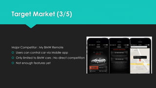 Target Market (3/5)
Major Competitor : My BMW Remote
 Users can control car via Mobile app
 Only limited to BMW cars ; No direct competition
 Not enough features yet
 