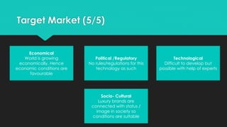 Target Market (5/5)
Economical
World is growing
economically. Hence
economic conditions are
favourable
Political /Regulatory
No rules/regulations for this
technology as such
Technological
Difficult to develop but
possible with help of experts
Socio- Cultural
Luxury brands are
connected with status /
image in society so
conditions are suitable
 
