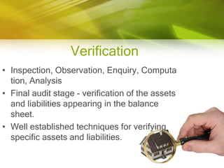 VerificationInspection, Observation, Enquiry, Computation, AnalysisFinal audit stage - verification of the assets and liabilities appearing in the balance sheet. Well established techniques for verifying specific assets and liabilities. 