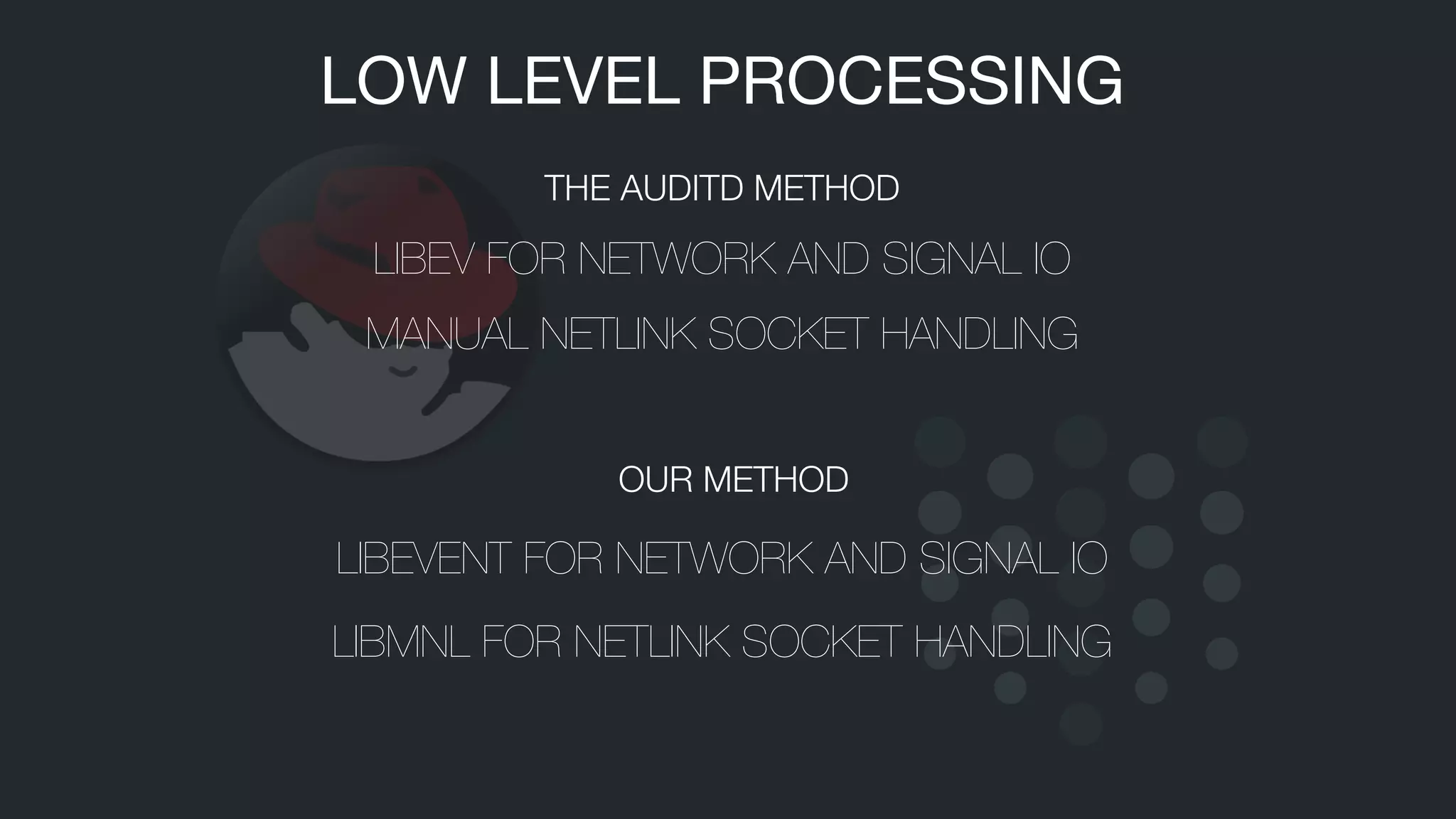 LIBEV FOR NETWORK AND SIGNAL IO
MANUAL NETLINK SOCKET HANDLING
LIBEVENT FOR NETWORK AND SIGNAL IO
LIBMNL FOR NETLINK SOCKET HANDLING
LOW LEVEL PROCESSING
THE AUDITD METHOD
OUR METHOD
 