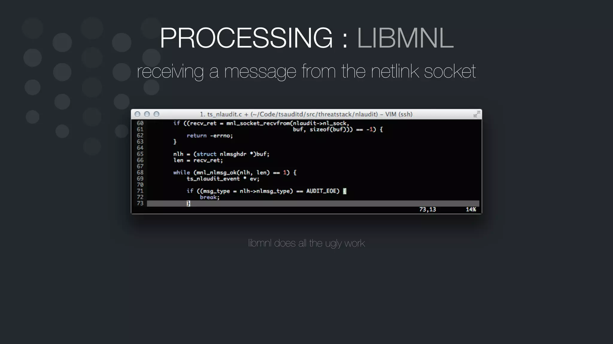 PROCESSING : LIBMNL
receiving a message from the netlink socket
libmnl does all the ugly work
 