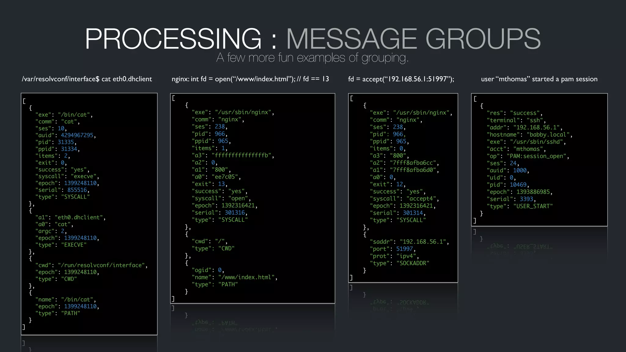 PROCESSING : MESSAGE GROUPSA few more fun examples of grouping.
[	
{	
"exe": "/bin/cat",	
"comm": "cat",	
"ses": 10,	
"auid": 4294967295,	
"pid": 31335,	
"ppid": 31334,	
"items": 2,	
"exit": 0,	
"success": "yes",	
"syscall": "execve",	
"epoch": 1399248110,	
"serial": 855516,	
"type": "SYSCALL"	
},	
{	
"a1": "eth0.dhclient",	
"a0": "cat",	
"argc": 2,	
"epoch": 1399248110,	
"type": "EXECVE"	
},	
{	
"cwd": "/run/resolvconf/interface",	
"epoch": 1399248110,	
"type": "CWD"	
},	
{	
"name": "/bin/cat",	
"epoch": 1399248110,	
"type": "PATH"	
}	
]
[	
{	
"res": "success",	
"terminal": "ssh",	
"addr": "192.168.56.1",	
"hostname": "babby.local",	
"exe": "/usr/sbin/sshd",	
"acct": "mthomas",	
"op": "PAM:session_open",	
"ses": 24,	
"auid": 1000,	
"uid": 0,	
"pid": 10469,	
"epoch": 1393886985,	
"serial": 3393,	
"type": "USER_START"	
}	
]
[	
{	
"exe": "/usr/sbin/nginx",	
"comm": "nginx",	
"ses": 238,	
"pid": 966,	
"ppid": 965,	
"items": 1,	
"a3": "fffffffffffffffb",	
"a2": 0,	
"a1": "800",	
"a0": "ee7c05",	
"exit": 13,	
"success": "yes",	
"syscall": "open",	
"epoch": 1392316421,	
"serial": 301316,	
"type": "SYSCALL"	
},	
{	
"cwd": "/",	
"type": "CWD"	
},	
{	
"ogid": 0,	
"name": "/www/index.html",	
"type": "PATH"	
}	
]
[	
{	
"exe": "/usr/sbin/nginx",	
"comm": "nginx",	
"ses": 238,	
"pid": 966,	
"ppid": 965,	
"items": 0,	
"a3": "800",	
"a2": "7fff8afba6cc",	
"a1": "7fff8afba6d0",	
"a0": 0,	
"exit": 12,	
"success": "yes",	
"syscall": "accept4",	
"epoch": 1392316421,	
"serial": 301314,	
"type": "SYSCALL"	
},	
{	
"saddr": "192.168.56.1",	
"port": 51997,	
"prot": "ipv4",	
"type": "SOCKADDR"	
}	
]
/var/resolvconf/interface$ cat eth0.dhclient nginx: int fd = open(“/www/index.html”); // fd == 13 fd = accept(“192.168.56.1:51997”); user “mthomas” started a pam session
 