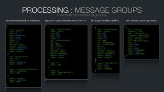 PROCESSING : MESSAGE GROUPSA few more fun examples of grouping.
[	
{	
"exe": "/bin/cat",	
"comm": "cat",	
"ses": 10,	
"auid": 4294967295,	
"pid": 31335,	
"ppid": 31334,	
"items": 2,	
"exit": 0,	
"success": "yes",	
"syscall": "execve",	
"epoch": 1399248110,	
"serial": 855516,	
"type": "SYSCALL"	
},	
{	
"a1": "eth0.dhclient",	
"a0": "cat",	
"argc": 2,	
"epoch": 1399248110,	
"type": "EXECVE"	
},	
{	
"cwd": "/run/resolvconf/interface",	
"epoch": 1399248110,	
"type": "CWD"	
},	
{	
"name": "/bin/cat",	
"epoch": 1399248110,	
"type": "PATH"	
}	
]
[	
{	
"res": "success",	
"terminal": "ssh",	
"addr": "192.168.56.1",	
"hostname": "babby.local",	
"exe": "/usr/sbin/sshd",	
"acct": "mthomas",	
"op": "PAM:session_open",	
"ses": 24,	
"auid": 1000,	
"uid": 0,	
"pid": 10469,	
"epoch": 1393886985,	
"serial": 3393,	
"type": "USER_START"	
}	
]
[	
{	
"exe": "/usr/sbin/nginx",	
"comm": "nginx",	
"ses": 238,	
"pid": 966,	
"ppid": 965,	
"items": 1,	
"a3": "fffffffffffffffb",	
"a2": 0,	
"a1": "800",	
"a0": "ee7c05",	
"exit": 13,	
"success": "yes",	
"syscall": "open",	
"epoch": 1392316421,	
"serial": 301316,	
"type": "SYSCALL"	
},	
{	
"cwd": "/",	
"type": "CWD"	
},	
{	
"ogid": 0,	
"name": "/www/index.html",	
"type": "PATH"	
}	
]
[	
{	
"exe": "/usr/sbin/nginx",	
"comm": "nginx",	
"ses": 238,	
"pid": 966,	
"ppid": 965,	
"items": 0,	
"a3": "800",	
"a2": "7fff8afba6cc",	
"a1": "7fff8afba6d0",	
"a0": 0,	
"exit": 12,	
"success": "yes",	
"syscall": "accept4",	
"epoch": 1392316421,	
"serial": 301314,	
"type": "SYSCALL"	
},	
{	
"saddr": "192.168.56.1",	
"port": 51997,	
"prot": "ipv4",	
"type": "SOCKADDR"	
}	
]
/var/resolvconf/interface$ cat eth0.dhclient nginx: int fd = open(“/www/index.html”); // fd == 13 fd = accept(“192.168.56.1:51997”); user “mthomas” started a pam session
 