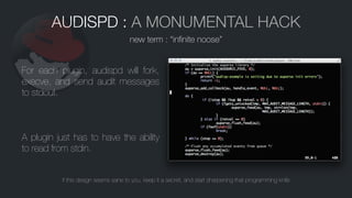 AUDISPD : A MONUMENTAL HACK
For each plugin, audispd will fork,
execve, and send audit messages
to stdout.
A plugin just has to have the ability
to read from stdin.
if this design seems sane to you, keep it a secret, and start sharpening that programming knife
new term : “inﬁnite noose”
 