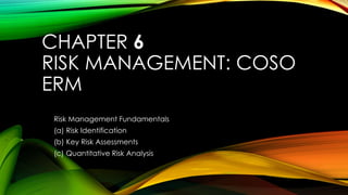CHAPTER 6
RISK MANAGEMENT: COSO
ERM
Risk Management Fundamentals
(a) Risk Identification
(b) Key Risk Assessments
(c) Quantitative Risk Analysis
 