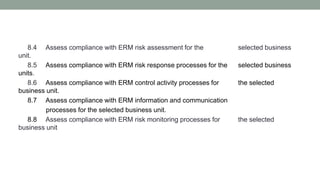 8.4 Assess compliance with ERM risk assessment for the selected business
unit.
8.5 Assess compliance with ERM risk response processes for the selected business
units.
8.6 Assess compliance with ERM control activity processes for the selected
business unit.
8.7 Assess compliance with ERM information and communication
processes for the selected business unit.
8.8 Assess compliance with ERM risk monitoring processes for the selected
business unit
 