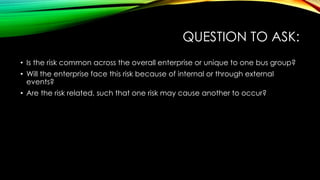 QUESTION TO ASK:
• Is the risk common across the overall enterprise or unique to one bus group?
• Will the enterprise face this risk because of internal or through external
events?
• Are the risk related, such that one risk may cause another to occur?
 