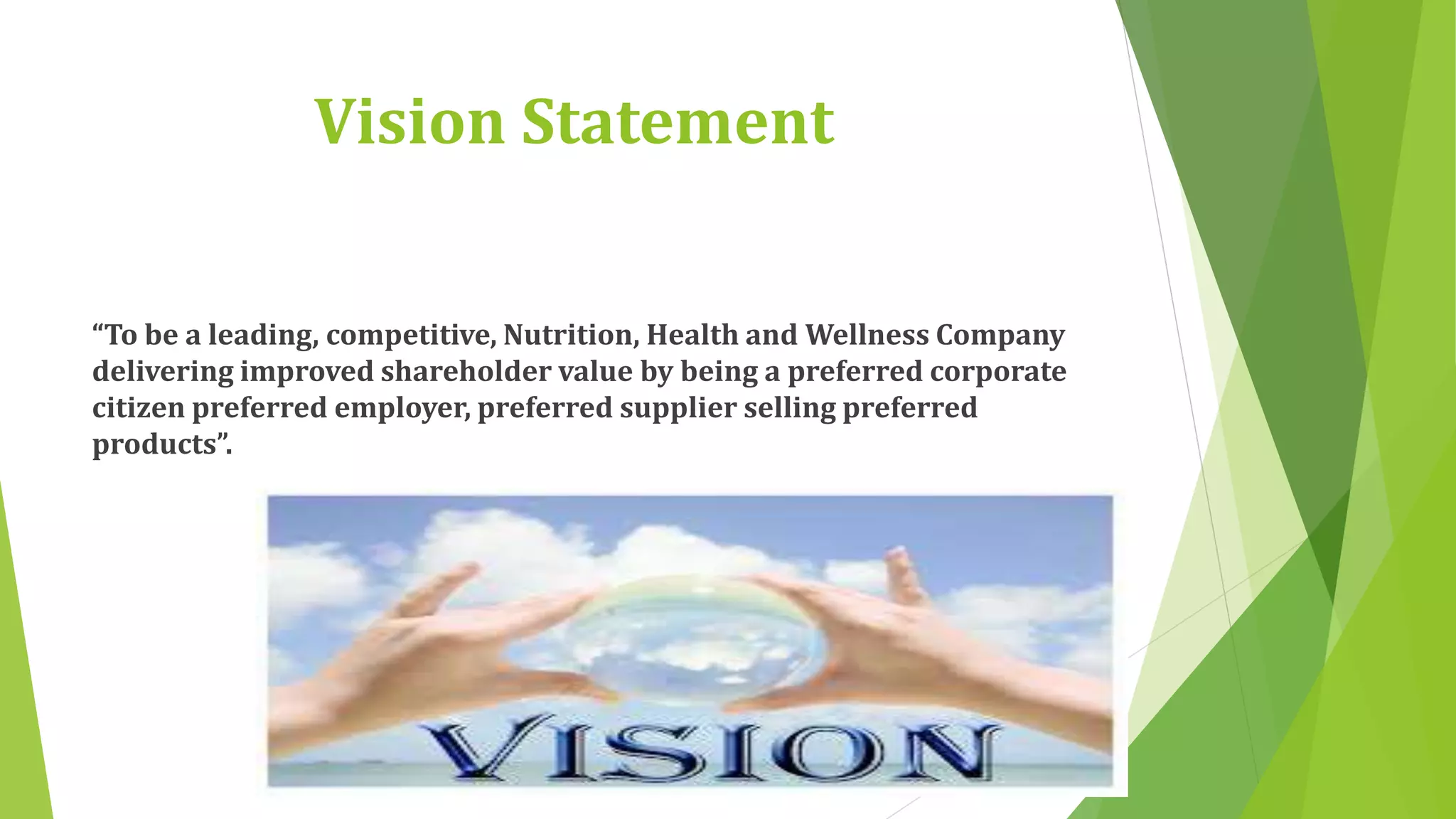 Vision Statement 
“To be a leading, competitive, Nutrition, Health and Wellness Company 
delivering improved shareholder value by being a preferred corporate 
citizen preferred employer, preferred supplier selling preferred 
products”. 
 