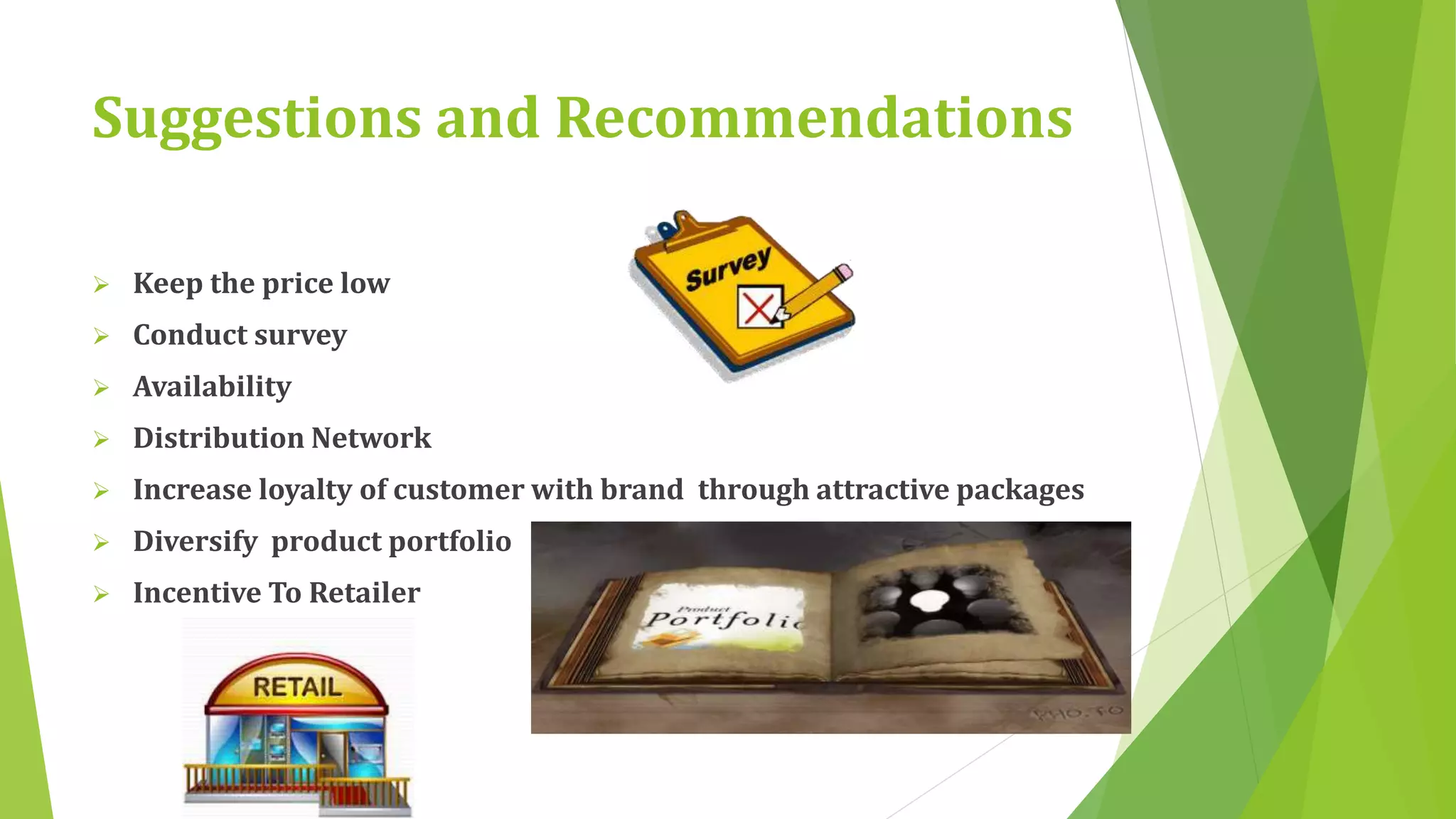 Suggestions and Recommendations 
 Keep the price low 
 Conduct survey 
 Availability 
 Distribution Network 
 Increase loyalty of customer with brand through attractive packages 
 Diversify product portfolio 
 Incentive To Retailer 
 