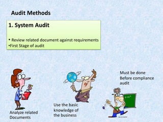 Audit Methods
1. System Audit
• Review related document against requirements
•First Stage of audit
Analyze related
Documents
Use the basic
knowledge of
the business
Must be done
Before compliance
audit
 