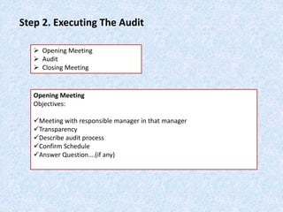  Opening Meeting
 Audit
 Closing Meeting
Step 2. Executing The Audit
Opening Meeting
Objectives:
Meeting with responsible manager in that manager
Transparency
Describe audit process
Confirm Schedule
Answer Question….(if any)
 