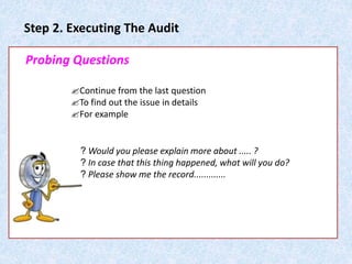 Step 2. Executing The Audit
Continue from the last question
To find out the issue in details
For example
? Would you please explain more about ..... ?
? In case that this thing happened, what will you do?
? Please show me the record.............
Probing Questions
 