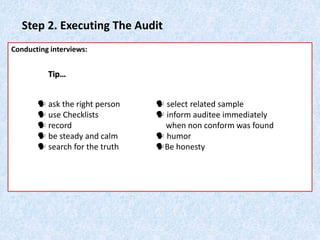 Step 2. Executing The Audit
Conducting interviews:
 ask the right person
 use Checklists
 record
 be steady and calm
 search for the truth
 select related sample
 inform auditee immediately
when non conform was found
 humor
Be honesty
Tip…
 