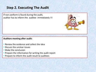 Step 2. Executing The Audit
If non conform is found during the audit,
auditor has to inform the auditee immediately !!!
Auditors meeting after audit:
 Review the evidence and collect the idea
 Discuss the unclear issues
 Make the conclusion
 Prepare the information for writing the audit report
 Prepare to inform the audit result to auditees
 