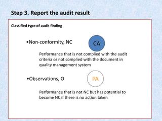 Step 3. Report the audit result
Classified type of audit finding
•Non-conformity, NC
Performance that is not complied with the audit
criteria or not complied with the document in
quality management system
•Observations, O
Performance that is not NC but has potential to
become NC if there is no action taken
CA
PA
 