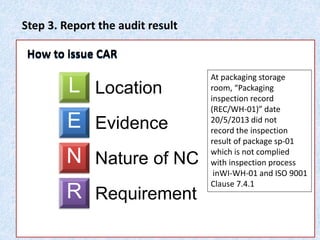 Step 3. Report the audit result
L
E
N
R
Location
Evidence
Nature of NC
Requirement
At packaging storage
room, “Packaging
inspection record
(REC/WH-01)” date
20/5/2013 did not
record the inspection
result of package sp-01
which is not complied
with inspection process
inWI-WH-01 and ISO 9001
Clause 7.4.1
How to issue CAR
 