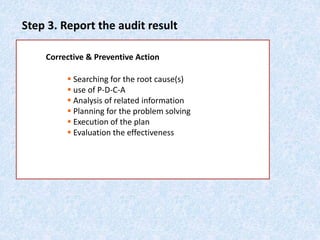 Step 3. Report the audit result
Corrective & Preventive Action
 Searching for the root cause(s)
 use of P-D-C-A
 Analysis of related information
 Planning for the problem solving
 Execution of the plan
 Evaluation the effectiveness
 