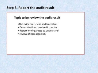 Step 3. Report the audit result
Topic to be review the audit result
•The evidence : clear and traceable
• Determination : precise & concise
• Report writing : easy to understand
• review of non-agree NC
 