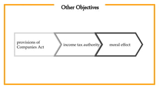 Other Objectives
income tax authority
provisions of
Companies Act
moral effect
 