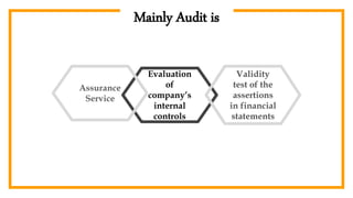 Mainly Audit is
Evaluation
of
company’s
internal
controls
Assurance
Service
Validity
test of the
assertions
in financial
statements
 