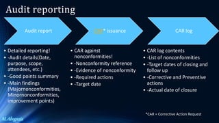 M. Abogazia
Audit report
• Detailed reporting!
• -Audit details(Date,
purpose, scope,
attendees, etc.)
• -Good points summary
• -Main findings
(Majornonconformities,
Minornonconformities,
improvement points)
CAR* issuance
• CAR against
nonconformities!
• -Nonconformity reference
• -Evidence of nonconformity
• -Required actions
• -Target date
CAR log
• CAR log contents
• -List of nonconformities
• -Target dates of closing and
follow up
• -Corrective and Preventive
actions
• -Actual date of closure
Audit reporting
*CAR = Corrective Action Request
 