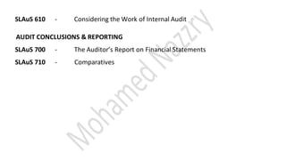 SLAuS 610 - Considering the Work of Internal Audit
AUDIT CONCLUSIONS & REPORTING
SLAuS 700 - The Auditor’s Report on Financial Statements
SLAuS 710 - Comparatives
 