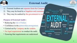 8
External Audit
1) External Auditors are separate from the Company
2) They may be hired by a Suppliers and customers
3) They may be audited by the government to verify.
Purpose of External Audit:-
• Reducing the risk of failure
• Confidence in the partnership arrangement.
• Carried out by Company on its vendors.
• No legal requirement to conduct the audit.
• Ensuring that requirements are understood
 