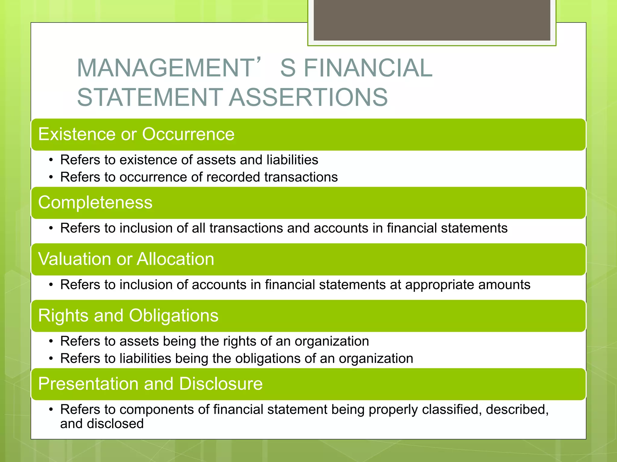 MANAGEMENT’S FINANCIAL
STATEMENT ASSERTIONS
Existence or Occurrence
• Refers to existence of assets and liabilities
• Refers to occurrence of recorded transactions
Completeness
• Refers to inclusion of all transactions and accounts in financial statements
Valuation or Allocation
• Refers to inclusion of accounts in financial statements at appropriate amounts
Rights and Obligations
• Refers to assets being the rights of an organization
• Refers to liabilities being the obligations of an organization
Presentation and Disclosure
• Refers to components of financial statement being properly classified, described,
and disclosed
 