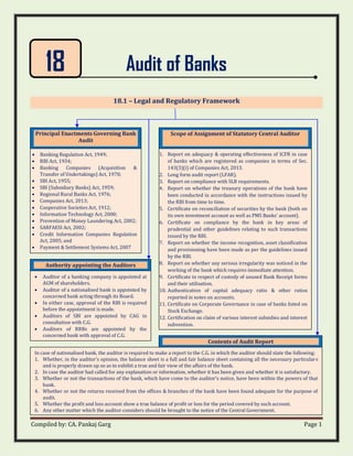 Compiled by: CA. Pankaj Garg Page 1
Audit of Banks
18.1 – Legal and Regulatory Framework
18
Principal Enactments Governing Bank
Audit
• Banking Regulation Act, 1949;
• RBI Act, 1934;
• Banking Companies (Acquisition &
Transfer of Undertakings) Act, 1970;
• SBI Act, 1955;
• SBI (Subsidiary Banks) Act, 1959;
• Regional Rural Banks Act, 1976;
• Companies Act, 2013;
• Cooperative Societies Act, 1912;
• Information Technology Act, 2000;
• Prevention of Money Laundering Act, 2002;
• SARFAESI Act, 2002;
• Credit Information Companies Regulation
Act, 2005; and
• Payment & Settlement Systems Act, 2007
Authority appointing the Auditors
• Auditor of a banking company is appointed at
AGM of shareholders.
• Auditor of a nationalised bank is appointed by
concerned bank acting through its Board.
• In either case, approval of the RBI is required
before the appointment is made.
• Auditors of SBI are appointed by CAG in
consultation with C.G.
• Auditors of RRBs are appointed by the
concerned bank with approval of C.G.
Scope of Assignment of Statutory Central Auditor
1. Report on adequacy & operating effectiveness of ICFR in case
of banks which are registered as companies in terms of Sec.
143(3)(i) of Companies Act, 2013.
2. Long form audit report (LFAR).
3. Report on compliance with SLR requirements.
4. Report on whether the treasury operations of the bank have
been conducted in accordance with the instructions issued by
the RBI from time to time.
5. Certificate on reconciliation of securities by the bank (both on
its own investment account as well as PMS Banks' account).
6. Certificate on compliance by the bank in key areas of
prudential and other guidelines relating to such transactions
issued by the RBI.
7. Report on whether the income recognition, asset classification
and provisioning have been made as per the guidelines issued
by the RBI.
8. Report on whether any serious irregularity was noticed in the
working of the bank which requires immediate attention.
9. Certificate in respect of custody of unused Bank Receipt forms
and their utilisation.
10. Authentication of capital adequacy ratio & other ratios
reported in notes on accounts.
11. Certificate on Corporate Governance in case of banks listed on
Stock Exchange.
12. Certification on claim of various interest subsidies and interest
subvention.
In case of nationalised bank, the auditor is required to make a report to the C.G. in which the auditor should state the following:
1. Whether, in the auditor’s opinion, the balance sheet is a full and fair balance sheet containing all the necessary particulars
and is properly drawn up so as to exhibit a true and fair view of the affairs of the bank.
2. In case the auditor had called for any explanation or information, whether it has been given and whether it is satisfactory.
3. Whether or not the transactions of the bank, which have come to the auditor’s notice, have been within the powers of that
bank.
4. Whether or not the returns received from the offices & branches of the bank have been found adequate for the purpose of
audit.
5. Whether the profit and loss account show a true balance of profit or loss for the period covered by such account.
6. Any other matter which the auditor considers should be brought to the notice of the Central Government.
Contents of Audit Report
 