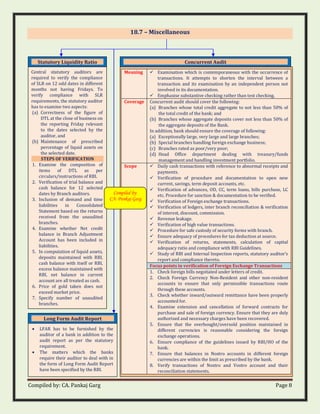 Compiled by: CA. Pankaj Garg Page 8
18.7 – Miscellaneous
Statutory Liquidity Ratio
Central statutory auditors are
required to verify the compliance
of SLR on 12 odd dates in different
months not having Fridays. To
verify compliance with SLR
requirements, the statutory auditor
has to examine two aspects:
(a) Correctness of the figure of
DTL at the close of business on
the reporting Friday relevant
to the dates selected by the
auditor, and
(b) Maintenance of prescribed
percentage of liquid assets on
the selected date.
STEPS OF VERIFICATION
1. Examine the composition of
items of DTL as per
circulars/instructions of RBI.
2. Verification of trial balance and
cash balance for 12 selected
dates by Branch auditors.
3. Inclusion of demand and time
liabilities in Consolidated
Statement based on the returns
received from the unaudited
branches.
4. Examine whether Net credit
balance in Branch Adjustment
Account has been included in
liabilities.
5. In computation of liquid assets,
deposits maintained with RBI,
cash balance with itself or RBI,
excess balance maintained with
RBI, net balance in current
account are all treated as cash.
6. Price of gold taken does not
exceed market price.
7. Specify number of unaudited
branches.
Concurrent Audit
Meaning ✓ Examination which is contemporaneous with the occurrence of
transactions. It attempts to shorten the interval between a
transaction and its examination by an independent person not
involved in its documentation.
✓ Emphasise substantive checking rather than test checking.
Coverage Concurrent audit should cover the following:
(a) Branches whose total credit aggregate to not less than 50% of
the total credit of the bank; and
(b) Branches whose aggregate deposits cover not less than 50% of
the aggregate deposits of the Bank.
In addition, bank should ensure the coverage of following:
(a) Exceptionally large, very large and large branches;
(b) Special branches handling foreign exchange business;
(c) Branches rated as poor/very poor;
(d) Head Office department dealing with treasury/funds
management and handling investment portfolio.
Scope ✓ Daily cash transactions with reference to abnormal receipts and
payments.
✓ Verification of procedure and documentation to open new
current, savings, term deposit accounts, etc.
✓ Verification of advances, OD, CC, term loans, bills purchase, LC
etc. Procedure for sanction & documentation to be verified.
✓ Verification of Foreign exchange transactions.
✓ Verification of ledgers, inter branch reconciliation & verification
of interest, discount, commission.
✓ Revenue leakage.
✓ Verification of high value transactions.
✓ Procedure for safe custody of security forms with branch.
✓ Ensure adequacy of procedures for tax deduction at source.
✓ Verification of returns, statements, calculation of capital
adequacy ratio and compliance with RBI Guidelines.
✓ Study of RBI and Internal Inspection reports, statutory auditor’s
report and compliance thereto.
Focus points in verification of Foreign Exchange Transactions
1. Check foreign bills negotiated under letters of credit.
2. Check Foreign Currency Non-Resident and other non-resident
accounts to ensure that only permissible transactions route
through these accounts.
3. Check whether inward/outward remittance have been properly
accounted for.
4. Examine extension and cancellation of forward contracts for
purchase and sale of foreign currency. Ensure that they are duly
authorised and necessary charges have been recovered.
5. Ensure that the overbought/oversold position maintained in
different currencies is reasonable considering the foreign
exchange operations.
6. Ensure compliance of the guidelines issued by RBI/HO of the
bank.
7. Ensure that balances in Nostro accounts in different foreign
currencies are within the limit as prescribed by the bank.
8. Verify transactions of Nostro and Vostro account and their
reconciliation statements.
Long Form Audit Report
• LFAR has to be furnished by the
auditor of a bank in addition to the
audit report as per the statutory
requirement.
• The matters which the banks
require their auditor to deal with in
the form of Long Form Audit Report
have been specified by the RBI.
Compiled by:
CA. Pankaj Garg
 