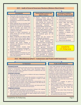 Compiled by: CA. Pankaj Garg Page 5
20.5 – Audit of General Insurance Business (Balance Sheet Items)
20.6 – Miscellaneous (Part I – Coinsurance and Trade Credit Insurance)
Investments
1. Physically verify securities on B/S date
or a date as near as possible. Prepare a
reconciliation statement where
verification is carried out on date other
than BS date.
2. Obtain separate lists of securities held
physically & those held in demat form.
3. Examine the records for investments
held at branches and request the
respective branch auditors to issue a
certificate to this effect.
4. Examine in detail investments on
which income has not been received
for a long period.
5. Where certificates are held by other
persons such as share transfer agents
etc. the auditor should obtain written
certificates from such person.
6. Examine that norms relating to
valuation and disclosure in F.S. have
been complied with.
7. Examine whether income from
investments is property accounted for.
8. Ensure that certificates of TDS are
properly maintained.
9. Ensure compliance of Sections 27, 27A
and 27B of the Insurance Act, 1938 as
well as the guidelines.
Outstanding Premium and
Agent’s balance
1. Inquire reasons for long
outstanding credit balances in
outstanding premium accounts
and examine the reasons for
policies not being issued or the
outstanding premium not
adjusted against amounts due.
2. Scrutinize and review control
account debit balances and their
nature should be enquired into.
3. Examine in-operative balances
and treatment given for old
balances.
4. Enquire into the reasons for
retaining the old balances.
5. Verify old debit balances which
may require provision or
adjustment. Notes of explanation
may be obtained from the
management in this regard.
6. Check age-wise, sector-wise
analysis of outstanding premium.
7. Verify whether outstanding
premiums have been collected.
8. Check the availability of adequate
bank guarantee or premium
deposit for outstanding premium.
Trade Credit Insurance
Trade Credit insurance provides protection to
suppliers against the risk of non-payment of
goods or services by their buyers who may be
situated in the same country (domestic risk) or
in another country (export risk) against non-
payment as a result of insolvency of the buyer or
non-payment after an agreed number of months
after due date. Trade credit insurance product is
offered subject to following requirements:
1. Policyholder's loss arises due to non-receipt
of trade receivable.
2. Policyholder is a supplier of goods or
services for a consideration.
3. Buyer is liable to pay a trade receivable to
the policyholder in return for the goods and
services received by him from the
policyholder.
4. Premium for the entire Policy Period has
been paid.
5. Other requirement that may be specified by
the Authority from time to time.
Co-Insurance
Meaning & Concept:
Sharing of Business between more than one insurer at agreed percentages is
known as co-insurance. The Lead Insurer issues documents, collects
premium and settles claims. Statement of accounts is rendered by the Lead
insurer to the other co-insurers.
Incoming Co-Insurance
1. Ensure that the Premium Account is credited on the basis of statements
received from the Lead insurer.
2. In case, the statement is not received, the premium is accounted for on
the basis of advices to ensure that all premium in respect of risks
assumed in any year is booked in the same year.
3. For this purpose, the auditor may examine the communication in the
post-audit period and obtain a written confirmation to the effect that all
incoming advices have been accounted for.
4. The auditor should also verify claims provisions and claims paid with
reference to advice received from the Lead insurer.
Outgoing Co-Insurance
1. The auditor should scrutinise the transactions relating to the outgoing
business, i.e. where the company is the Lead Insurer.
2. These should be checked with reference to the relevant risks assumed
under policies and correspondingly for debits arising to the co-insurer
on account of their share of claims.
Compiled by:
CA. Pankaj Garg
Contingent Liabilities –
Disclosure Requirements
1. Partly paid up investments.
2. Underwriting
Commitments outstanding.
3. Claims, other than those
under policies, not
acknowledged as debts.
4. Guarantees given by or on
behalf of the Company.
5. Statutory demands /
Liabilities in dispute, not
provided for.
6. Reinsurance obligations to
the extent not provided for
in the accounts.
7. Others (to be specified).
 