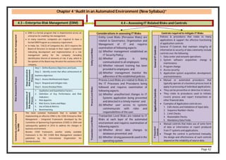Page 42
Chapter 4 “Audit in an Automated Environment (New Syllabus)”
4.3 – Enterprise Risk Management (ERM) 4.4 – Assessing IT Related Risks and Controls
Enterprise
Risk
management
 ERM is a formal program that is implemented across an
enterprise for enabling risk management.
 In many countries, companies are required to have a
formal ERM Program as a statutory requirement.
 In India, Sec. 134(3) of Companies Act, 2013 requires the
Board of Directors to include in their report a statement
indicating development and implementation of a risk
management policy for the company including
identification therein of elements of risk, if any, which in
the opinion of the Board may threaten the existence of the
company.
Risk
Assessment
Process
Steps
involved
in
Risk
Assessment
Process
Step 1 - Define Business Objectives and Goals.
Step 2 - Identify events that affect achievement of
business objectives.
Step 3 - Assess likelihood and impact.
Step 4 - Respond and mitigate risks.
Step 5 - Assess Residual Risks.
Considerations
of
Risk
Assessment
Process
1. Qualitative and Quantitative Factors;
2. Definition of Key Performance and Risk
Indicators;
3. Risk Appetite;
4. Risk Scores, Scales and Maps;
5. Use of Data & Metrics;
6. Benchmarking.
Commonly
used
framework
for
ERM
The most common framework that is suitable for
implementing an effective ERM is the COSO Enterprise Risk
Management – Integrated Framework developed by the
Committee of Sponsoring Organisations (COSO) in 2004 and
subsequently updated in 2016 to address the changes in
business environment.
Besides COSO framework, another widely available
framework is the ISO 31000 Risk Management standard
published by the International Organization for
Standardization.
Considerations in assessing IT Risks
Entity
Level
Risks
Entity Level Risks (Pervasive Risks) are
related to Governance, Organization and
Management of IT and requires
examination of following aspects:
(a) Whether management established an
IT Security Policy;
(b) Whether policy is being
communicated to all employees;
(c) Whether relevant training has been
provided to employees; and
(d) Whether management monitor the
adherence of the established policies.
Process
Level
Risks
Process Level Risks are related to Risks in
the IT Processes and Procedures being
followed and requires examination of
following aspects:
(a) Whether unauthorized changes to IT
Systems application being prevented
and detected in a timely manner; and
(b) Whether user access to systems
commensurate with roles and
responsibilities of the user.
Transaction
Level
Risks
Transaction Level Risks are related to IT
Risks at each layer of the automated
environment and requires examination of
following aspects:
(a) Whether direct data changes to
databases prevented; and
(b) Whether strong passwords used in the
operating system.
Controls required to mitigate IT Risks
General
IT
Controls
Policies & procedures that relate to many
applications & support the effective functioning
of application controls.
General IT-Controls that maintain integrity of
information & security of data commonly include
controls over the following:
1. Data center and network operations.
2. System software acquisition, change &
maintenance.
3. Program change.
4. Access security.
5. Application system acquisition, development,
and maintenance.
Application
Controls
 Manual or automated procedures that
typically operate at a business process level &
apply to processing of individual applications.
 They can be preventive or detective in nature.
 They relate to procedures used to initiate,
record, process and report transactions or
other financial data.
 Examples of Application controls are:
1. Edit checks and Validation of input data,
2. Sequence Number checks.
3. Limit Checks.
4. Reasonable Checks.
5. Mandatory Data Fields.
IT
Dependent
Controls
 Manual controls that make use of some form
of data or information or report produced
from IT systems and applications.
 Though the control is performed manually,
the design and effectiveness of such controls
depend on the reliability of source data.
 