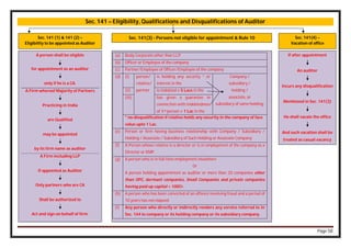 Page 58
Sec. 141 – Eligibility, Qualifications and Disqualifications of Auditor
(a) Body Corporate other than LLP
(b) Officer or Employee of the company
(c) Partner/Employee of Officer/Employee of the company
(d) (i) person/
relative/
partner
is holding any security * or
interest in the
Company /
subsidiary /
holding /
associate, or
subsidiary of same holding.
(ii) is indebted > 5 Lacs in the
(iii) has given a guarantee in
connection with indebtedness
of 3rd person > 1 Lac in the
* no disqualification if relative holds any security in the company of face
value upto 1 Lac.
(e) Person or firm having business relationship with Company / Subsidiary /
Holding / Associate / Subsidiary of Such Holding or Associate Company
(f) A Person whose relative is a director or is in employment of the company as a
Director or KMP.
(g) A person who is in full time employment elsewhere
Or
A person holding appointment as auditor or more than 20 companies other
than OPC, dormant companies, Small Companies and private companies
having paid up capital < 100Cr.
(h) A person who has been convicted of an offence involving fraud and a period of
10 years has not elapsed.
(i) Any person who directly or indirectly renders any service referred to in
Sec. 144 to company or its holding company or its subsidiary company.
Sec. 141 (1) & 141 (2) –
Eligibility to be appointed as Auditor
A person shall be eligible
for appointment as an auditor
only if he is a CA.
A Firm whereof Majority of Partners
Practicing in India
are Qualified
may be appointed
by its firm name as auditor
A Firm including LLP
If appointed as Auditor
Only partners who are CA
Shall be authorized to
Act and sign on behalf of firm.
Sec. 141(3) - Persons not eligible for appointment & Rule 10 Sec. 141(4) –
Vacation of office
If after appointment
An auditor
Incurs any disqualification
Mentioned in Sec. 141(3)
He shall vacate the office
And such vacation shall be
treated as casual vacancy
 