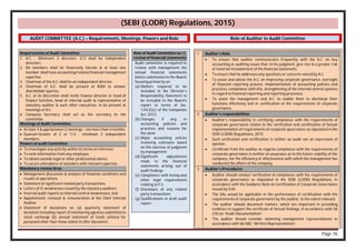 Page 76
(SEBI (LODR) Regulations, 2015)
Requirements of Audit Committee
1. A.C. - Minimum 3 directors. 2/3 shall be independent
directors.
2. All members shall be financially literate & at least one
member shall have accounting/related financial management
expertise.
3. Chairman of the A.C. shall be an independent director.
4. Chairman of A.C. shall be present at AGM to answer
shareholder queries.
5. A.C. at its discretion shall invite finance director or head of
finance function, head of internal audit & representative of
statutory auditor & such other executives, to be present at
meetings of A.C.
6. Company Secretary shall act as the secretary to the
committee.
Meetings of Audit Committee:
 At least 4 & gap between 2 meetings - not more than 4 months.
 Quorum-Greater of 2 or 1/3 - minimum 2 independent
members.
Powers of audit Committee:
 To investigate any activity within its terms of reference.
 To seek information from any employee.
 To obtain outside legal or other professional advice.
 To secure attendance of outsiders with relevant expertise.
Mandatory review Area:
 Management discussion & analysis of financial conditions and
results of operations.
 Statement of significant related party transactions.
 Letters of IC weaknesses issued by the statutory auditors.
 Internal audit reports to internal control weaknesses; and
 Appointment, removal & remuneration of the Chief Internal
Auditor.
 Statement of deviations on (a) quarterly statement of
deviation including report of monitoring agencies submitted to
stock exchange (b) annual statement of funds utilized for
purposed other than those stated in offer document.
1 Auditor’s Role
 To ensure that auditor communicates frequently with the A.C. on key
accounting or auditing issues that, in his judgment, give rise to a greater risk
of material misstatement of the financial statements.
 To ensure that he addresses any questions or concerns voiced by A.C.
 To assist and advise the A.C. on improving corporate governance, oversight
of financial reporting process, implementation of accounting policies and
practices, compliance with ASs, strengthening of the internal control systems
in regard to financial reporting and reporting processes.
 To assist the management and A.C. to enable them to discharge their
functions effectively and in certification of the requirements of corporate
governance.
2 Auditor’s responsibilities
 Auditor’s responsibility in certifying compliance with the requirements of
corporate governance relates to the verification and certification of factual
implementation of requirements of corporate governance as stipulated in the
SEBI (LODR) Regulations, 2015.
 Such verification and certification is neither an audit nor an expression of
opinion.
 Certificate from the auditor as regards compliance with the requirements of
corporate governance is neither an assurance as to the future viability of the
company, nor the efficiency or effectiveness with which the management has
conducted the affairs of the company.
3 Auditor’s Procedures
 Auditor should conduct verification of compliance with the requirements of
corporate governance as stipulated in the SEBI (LODR) Regulations, in
accordance with the Guidance Note on Certification of Corporate Governance
issued by ICAI.
 The SAs would be applicable in the performance of certification with the
requirements of corporate governance by the auditor, to the extent relevant.
 The auditor should document matters, which are important in providing
evidence to support the certificate of factual findings, in accordance with SA
230 on “Audit Documentation”.
 The auditor should consider obtaining management representations in
accordance with SA 580, “Written Representations”.
AUDIT COMMITTEE (A.C.) – Requirements, Meetings, Powers and Role
Role of Audit Committee w.r.t.
review of financial statements
Audit committee is required to
review with management the
annual financial statements
before submission to the Board,
focusing primarily on:
(a) Matters required to be
included in the Director’s
Responsibility Statement to
be included in the Board’s
report in terms of Sec.
134(3)(c) of the Companies
Act, 2013.
(b) Changes, if any, in
accounting policies and
practices and reasons for
the same
(c) Major accounting entries
involving estimates based
on the exercise of judgment
by management
(d) Significant adjustments
made in the financial
statements arising out of
audit findings
(e) Compliance with listing and
other legal requirements
relating to F.S.
(f) Disclosure of any related
party transactions
(g) Qualifications in draft audit
report
Role of Auditor in Audit Committee
 
