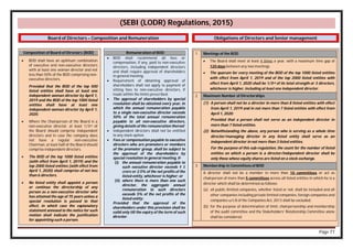Page 77
(SEBI (LODR) Regulations, 2015)
Composition of Board of Directors (BOD)
 BOD shall have an optimum combination
of executive and non-executive directors
with at least one woman director and not
less than 50% of the BOD comprising non-
executive directors.
Provided that the BOD of the top 500
listed entities shall have at least one
independent woman director by April 1,
2019 and the BOD of the top 1000 listed
entities shall have at least one
independent woman director by April 1,
2020.
 Where the Chairperson of the Board is a
non-executive director, at least 1/3rd of
the Board should comprise independent
directors and in case the company does
not have a regular non-executive
Chairman, at least half of the Board should
comprise independent directors.
 The BOD of the top 1000 listed entities
(with effect from April 1, 2019) and the
top 2000 listed entities (with effect from
April 1, 2020) shall comprise of not less
than 6 directors.
 No listed entity shall appoint a person
or continue the directorship of any
person as a non-executive director who
has attained the age of 75 years unless a
special resolution is passed to that
effect, in which case the explanatory
statement annexed to the notice for such
motion shall indicate the justification
for appointing such a person.
1 Meetings of the BOD
 The Board shall meet at least 4 times a year, with a maximum time gap of
120 days between any two meetings.
 The quorum for every meeting of the BOD of the top 1000 listed entities
with effect from April 1, 2019 and of the top 2000 listed entities with
effect from April 1, 2020 shall be 1/3rd of its total strength or 3 directors,
whichever is higher, including at least one independent director.
2 Maximum Number of Directorships
(1) A person shall not be a director in more than 8 listed entities with effect
from April 1, 2019 and in not more than 7 listed entities with effect from
April 1, 2020:
Provided that a person shall not serve as an independent director in
more than 7 listed entities.
(2) Notwithstanding the above, any person who is serving as a whole time
director/managing director in any listed entity shall serve as an
independent director in not more than 3 listed entities.
For the purpose of this sub-regulation, the count for the number of listed
entities on which a person is a director/independent director shall be
only those whose equity shares are listed on a stock exchange.
3 Membership in Committees of BOD
A director shall not be a member in more than 10 committees or act as
chairperson of more than 5 committees across all listed entities in which he is a
director which shall be determined as follows:
(a) all public limited companies, whether listed or not, shall be included and all
other companies including private limited companies, foreign companies and
companies u/s 8 of the Companies Act, 2013 shall be excluded;
(b) for the purpose of determination of limit, chairpersonship and membership
of the audit committee and the Stakeholders' Relationship Committee alone
shall be considered.
Board of Directors – Composition and Remuneration
Remuneration of BOD
 BOD shall recommend all fees or
compensation, if any, paid to non-executive
directors, including independent directors
and shall require approval of shareholders
in general meeting.
 Requirement of obtaining approval of
shareholders shall not apply to payment of
sitting fees to non-executive directors, if
made within the limits prescribed.
 The approval of shareholders by special
resolution shall be obtained every year, in
which the annual remuneration payable
to a single non-executive director exceeds
50% of the total annual remuneration
payable to all non-executive directors,
giving details of the remuneration thereof.
 Independent directors shall not be entitled
to any stock option.
 Fees or compensation payable to executive
directors who are promoters or members
of the promoter group, shall be subject to
the approval of the shareholders by
special resolution in general meeting, if-
(i) the annual remuneration payable to
such executive director exceeds ₹ 5
crore or 2.5% of the net profits of the
listed entity, whichever is higher; or
(ii) where there is more than one such
director, the aggregate annual
remuneration to such directors
exceeds 5% of the net profits of the
listed entity:
Provided that the approval of the
shareholders under this provision shall be
valid only till the expiry of the term of such
director.
Obligations of Directors and Senior management
 