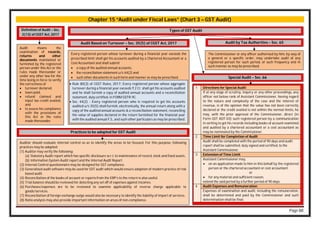 Page 88
Chapter 15 “Audit under Fiscal Laws” (Chart 3 – GST Audit)
Practices to be adopted for GST Audit
Audit means the
examination of records,
returns and other
documents maintained or
furnished by the registered
person under this Act or the
rules made thereunder or
under any other law for the
time being in force to verify
the correctness of
 turnover declared,
 taxes paid,
 refund claimed and
input tax credit availed,
and
 to assess his compliance
with the provisions of
this Act or the rules
made thereunder.
Definition of Audit – Sec.
2(13) of CGST Act, 2017
Auditor should evaluate internal control so as to identify the areas to be focused. For this purpose, following
practices may be adopted:
(1) Auditor may verify the following:
(a) Statutory Audit report which has specific disclosure w.r.t. to maintenance of record, stock and fixed assets.
(b) Information System Audit report and the Internal Audit Report.
(2) Internal Control questionnaire may be designed for GST compliance.
(3) Generalised audit software may be used for GST audit which would ensure adoption of modern practice of risk
based audit.
(4) Reconciliation of the books of account or reports from the ERP’s to the return is also useful.
(5) Trial balance should be reviewed for detecting any set off of expenses against incomes.
(6) Purchases/expenses are to be reviewed to examine applicability of reverse charge applicable to
goods/services.
(7) Reconciliation of foreign exchange outgo would also be necessary to identify the liability of import of services.
(8) Ratio analysis may also provide important information on areas of non-compliance.
Types of GST Audit
Audit Based on Turnover – Sec. 35(5) of CGST Act, 2017
Every registered person whose turnover during a financial year exceeds the
prescribed limit shall get his accounts audited by a Chartered Accountant or a
Cost Accountant and shall submit
 a copy of the audited annual accounts,
 the reconciliation statement u/s 44(2) and
 such other documents in such form and manner as may be prescribed.
 Rule 80(3) of CGST Rules, 2017: Every registered person whose aggregate
turnover during a financial year exceeds ₹ 2 Cr. shall get his accounts audited
and he shall furnish a copy of audited annual accounts and a reconciliation
statement, duly certified, in FORM GSTR-9C.
 Sec. 44(2) - Every registered person who is required to get his accounts
audited u/s 35(5) shall furnish, electronically, the annual return along with a
copy of the audited annual accounts & a reconciliation statement, reconciling
the value of supplies declared in the return furnished for the financial year
with the audited annual F.S., and such other particulars as may be prescribed.
Audit by Tax Authorities – Sec. 65
The Commissioner or any officer authorised by him, by way of
a general or a specific order, may undertake audit of any
registered person for such period, at such frequency and in
such manner as may be prescribed.
Special Audit – Sec. 66
1 Directions for Special Audit
If at any stage of scrutiny, inquiry or any other proceedings, any
officer not below rank of Assistant Commissioner, having regard
to the nature and complexity of the case and the interest of
revenue, is of the opinion that the value has not been correctly
declared or the credit availed is not within the normal limits, he
may, with the prior approval of the Commissioner, direct (in
Form GST ADT-03) such registered person by a communication
in writing to get his records including books of account examined
and audited by a chartered accountant or a cost accountant as
may be nominated by the Commissioner.
2 Time Limit for Completion of Audit
Audit shall be completed with the period of 90 days and audit
report shall be submitted, duly signed and certified, to the
Assistant Commissioner.
3 Extension of Time Limit
Assistant Commissioner may,
 on an application made to him in this behalf by the registered
person or the chartered accountant or cost accountant
or
 for any material and sufficient reason,
extend the said period by a further period of 90 days
4 Audit Expenses and Remuneration
Expenses of examination and audit, including the remuneration,
shall be determined and paid by the Commissioner and such
determination shall be final.
 
