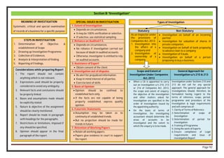 Page 92
Section B “Investigation”
STEPS IN INVESTIGATION
1. Determination of Objective &
establishment of Scope
2. Drawing up Investigation Programme.
3. Collection of Evidences.
4. Analysis & Interpretation of finding.
5. Reporting of Findings.
MEANING OF INVESTIGATION
Systematic, critical and special examination
of records of a business for a specific purpose
Considerations while preparing Report
1. The report should not contain
anything which is not relevant.
2. Expressions used should be properly
considered to avoid any ambiguity.
3. Relevant facts and conclusions should
be properly linked.
4. Bases and assumptions made should
be explicitly stated.
5. Nature & objective of the assignment
should be clearly mentioned.
6. Report should be made in paragraph
with headings for the paragraphs.
7. Restrictions or limitations, imposed if
any should be specified.
8. Opinion should appear in the final
paragraph of the report.
SPECIAL ISSUES IN INVESTIGATION
1. Extent of Investigation
 Depends on circumstances.
 It may be 100% verification or selective.
 If selective, use statistical sampling.
2. Reliance on Audited F.S.
 Depends on circumstances.
 No reliance if investigation carried out
because of doubt in audited accounts.
 Otherwise, investigator is entitled to rely
on audited accounts.
3. Assistance of Expert
 Obtain consent of the client.
4. Investigation out of disputes
 Be alert for prejudiced information.
 Keep in mind interest of all parties.
 Exercise best of skills
5. Basis of Opinion
 Opinion should be confined to
established facts only.
 If the facts are not capable of being
properly established, express qualify
opinion.
6. Futuristic Statements
 Assumption may be taken as to
continuity of established trends.
 But no projection should be made for
trends in future
7. Retention of Working Papers
 Retain all working papers.
 Papers give evidence in court to support
the report.
Types of Investigation
Statutory Non-Statutory
As an inspector under
the provisions of
Companies Act, 2013.
1. Investigation into
the affairs of a
company and
2. Investigation of
ownership of a
company.
 Investigation on behalf of an incoming
partner.
 Investigation for valuation of shares in
private companies.
 Investigation on behalf of bank proposing
to advance loan to a company.
 Investigation of frauds.
 Investigation on behalf of a person
proposing to buy a business.
Scope and Extent of
Investigation Under Companies
Act, 2013
General Approach for
Investigation u/s 210 & 213
 When a CA is appointed to carry
out an investigation u/s 210, 213
or 216 of Companies Act, 2013,
the scope and extent of enquiry,
the objective of the investigation
and other matters asked for
investigation are specified in the
order of investigation issued by
the appointing authority.
 On the basis of terms of
investigation, the investigating
accountant should determine the
areas of accounts to be
investigated and the extent to
which the enquiry is to be made.
Investigation under Sections 210 and
213 do not call for any special
approach. The general approach for
investigations should, therefore, be
formulated having regard to the
terms of reference, scope, period,
programme and procedure of the
investigation & legal requirements
and will comprises of:
1. Clarity of Terms of Reference
2. Determination of scope of
Investigation
3. Determination of period for
investigation
4. Framing of Programme
5. Using the work of Experts
6. Ensure compliance of Legal
requirements and issue of
investigation Report
 