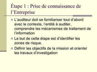 Étape 1 : Prise de connaissance de
l’Entreprise
 L’auditeur doit se familiariser tout d’abord
avec le contexte, l’entité à auditer,
comprendre les mécanismes de traitement de
l’information
 Le but de cette étape est d’identifier les
zones de risque.
 Définir les objectifs de la mission et orienter
les travaux d’investigation
 