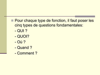  Pour chaque type de fonction, il faut poser les
cinq types de questions fondamentales:
- QUI ?
- QUOI?
- Où ?
- Quand ?
- Comment ?
 