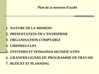 1. NATURE DE LA MISSION
2. PRESENTATION DE L’ENTREPRISE
3. ORGANISATION COMPTABLE
4. CHIFFRES-CLES
5. SYSTEMES ET DOMAINES SIGNIFICATIFS
6. GRANDES LIGNES DU PROGRAMME DE TRAVAIL
7. BUDGET ET PLANNING
Plan de la mission d’audit
 