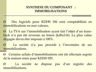 Ø Des logiciels pour KDHS 106 sont comptabilisés en
immobilisations en non valeurs.
Ø La TVA sur l’immobilisation ayant fait l’objet d’un lease-
back n’a pas été reversée au trésor (kdhs116) .La plus value
dégagée devra être imposée à 100%.
Ø La société n’a pas procédé à l’inventaire de ses
immobilisations.
Ø Certains achats d’immobilisations ont été effectués auprès
de la maison mère pour KDHS 929.
Ø La société ne dispose pas d’un registre des
immobilisations.
SYNTHESE DU COMPOSANT :
IMMOBILISATIONS
 