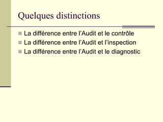 Quelques distinctions
 La différence entre l’Audit et le contrôle
 La différence entre l’Audit et l’inspection
 La différence entre l’Audit et le diagnostic
 