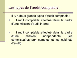Les types de l’audit comptable
Il y a deux grands types d’Audit comptable :
 l’audit comptable effectué dans le cadre
d’une mission d’audit interne
 l’audit comptable effectué dans le cadre
d’une mission indépendante (les
commissaires aux comptes et les cabinets
d’audit)
 
