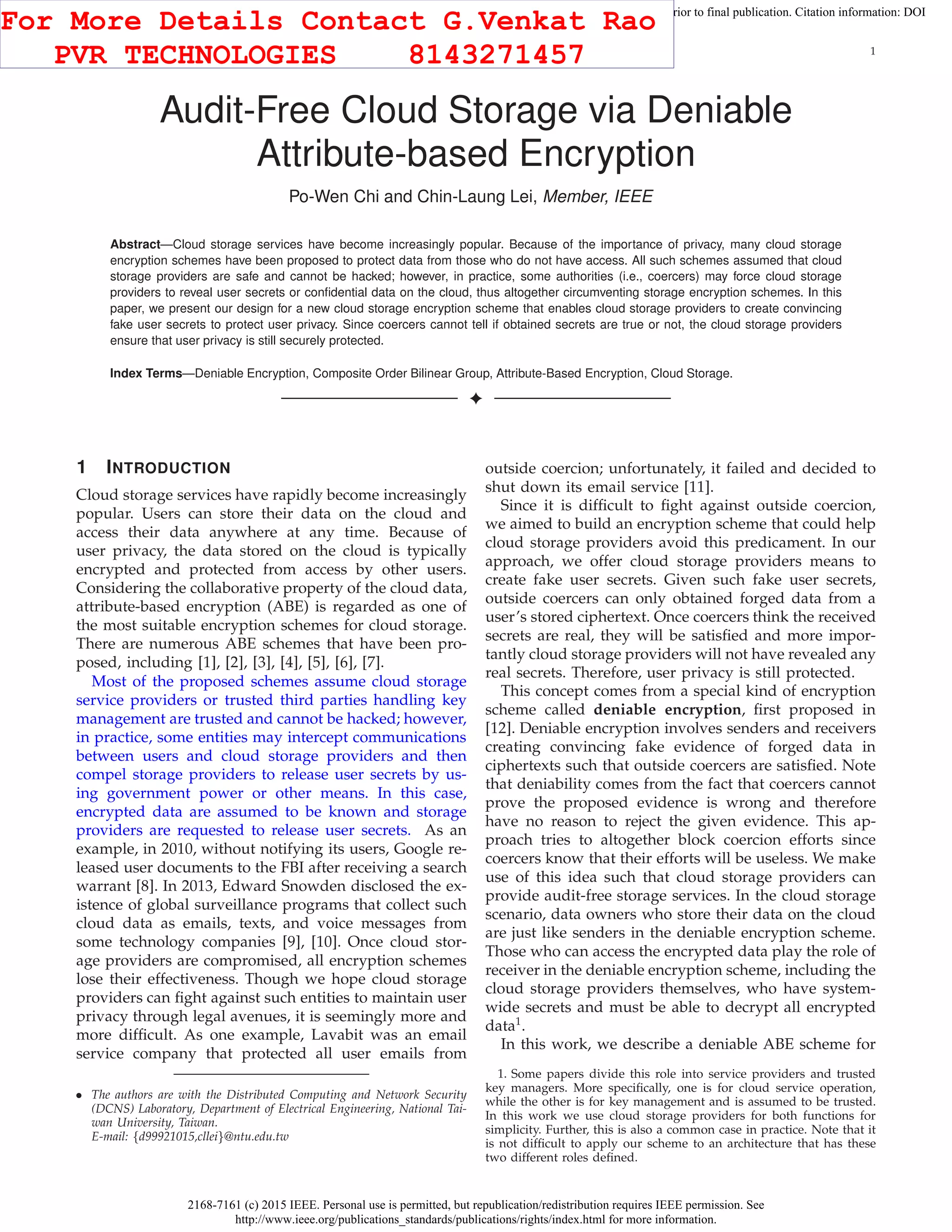 Audit free cloud storage via deniable attribute based encryption pdf