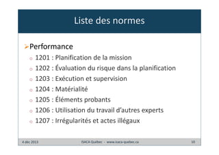 Liste des normes
Performance
o
o
o
o
o
o
o

1201 : Planification de la mission
1202 : Évaluation du risque dans la planification
1203 : Exécution et supervision
1204 : Matérialité
1205 : Éléments probants
1206 : Utilisation du travail d’autres experts
1207 : Irrégularités et actes illégaux

4 déc 2013

ISACA Québec - www.isaca-quebec.ca

10

 